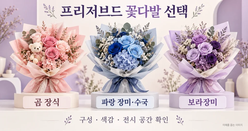 서울 프리저브드 꽃다발 3종 비교, 곰 장식·파랑 장미·보라장미 선택 기준