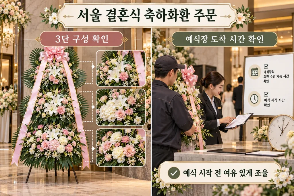 서울 결혼식 축하화환 주문, 3단 구성과 예식장 도착 시간 비교